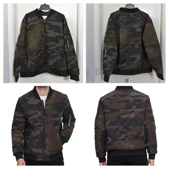 GREEN CAMO Baseball Bomber JacketNWT Calvin Klein Mens Green Quilted Full-Zip